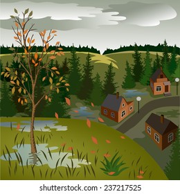 View of landscape of autumn town from hill. Day, sky, skyline, forest, houses, tree, valley.
