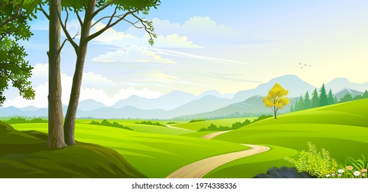 A view of a landscape consisting of meadows, roads, trees, and mountains.