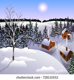 View of landscape of winter town from hill. Day, sun, sky, skyline, forest, houses.