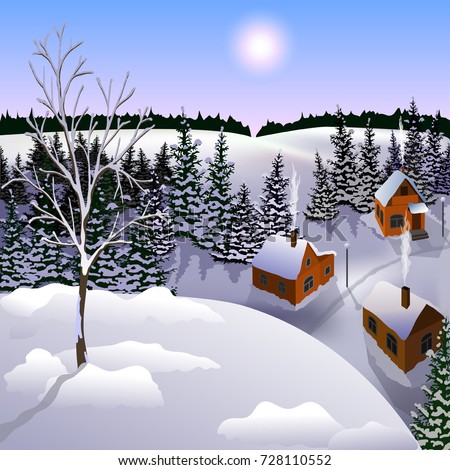 View of landscape of winter town from hill. Day, sun, sky, skyline, forest, houses.