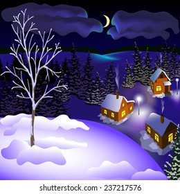 View of landscape of winter town at the night from hill. Night, moon, sky, skyline, forest, houses.