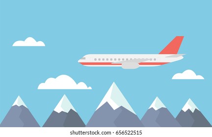 View of a large and fast airliner flying over the mountains between clouds on a blue sky - vector