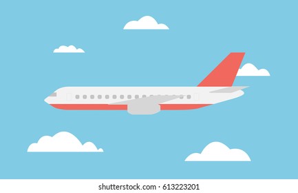 Vista del gran avión de línea rápida que vuela entre las nubes en el cielo azul - vector
