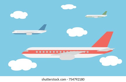 View of the large and fast three line airliners flying among the clouds in the blue sky - vector