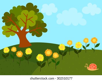 View of light blue sky with white clouds and green hills full of sunflowers along with a big tree and a cute snail on the grass.
