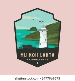 view of lighthouse in mu koh lanta national park logo vector emblem patch illustration design, krabi thailand emblem design