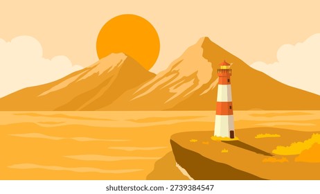 view of a lighthouse on a coastal cliff with beautiful mountains, natural background