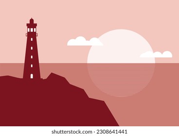 view of the lighthouse on the seashore with sunset or sunrise flat design vector illustration