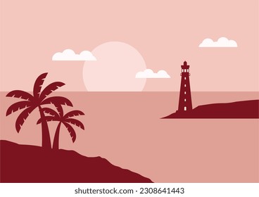 view of the lighthouse on the seashore with sunset or sunrise flat design vector illustration