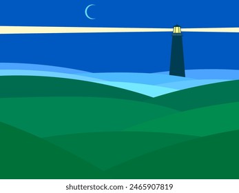 View of the lighthouse from the seashore. Night landscape with a glowing lighthouse and wavy green hills. Beam of light from the lighthouse. Design of wallpaper, cover and banner. Vector illustration