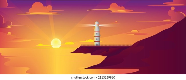 The view of the lighthouse with sunset or sunrise in the sea, the background of the vast ocean landscape, pink clouds flying in the sky until the sun shines over the sea with the color of the water su