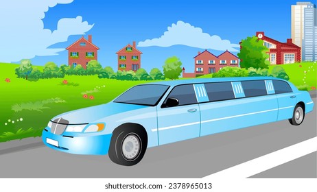 View with a limousine on the streets of the outskirts of a modern city. Vector illustration.