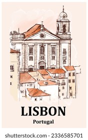 View of Lisbon, Igreja de Santo Estêvão - vector illustration (ideal for print, poster; wallpaper, home decor)