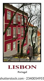 View of a Lisbon's street - vector illustration (ideal for print, poster; wallpaper, home decor)