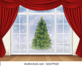 The view from the living room through a window with red curtains on the street, where there is a Christmas tree. Realistic vector background for greeting card.