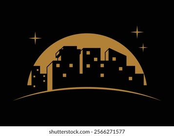 View of magnificent city buildings at night with starry sky