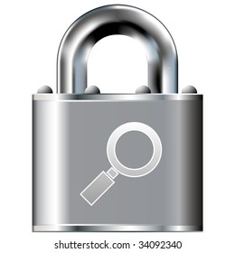 View or magnifying glass icon on secure vector lock button.  Suitable for use on websites, in print, and on brochures.