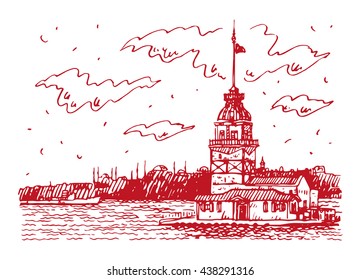 View of Maiden's Tower on the Bosphorus strait, Istanbul, Turkey. Sketch by hand. Vector illustration.