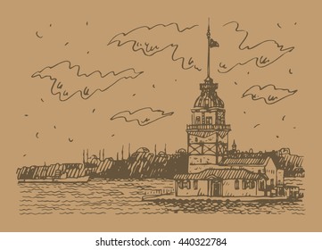 View of Maiden's Tower on the Bosphorus strait, Istanbul, Turkey. Sketch by hand. Vector illustration.