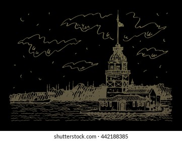 View of Maiden's Tower on the Bosphorus strait, Istanbul, Turkey. Sketch by hand. Vector illustration.
