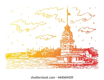 View of Maiden's Tower on the Bosphorus strait, Istanbul, Turkey. Sketch by hand. Vector illustration.