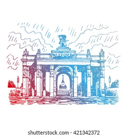 View of the main entrance to the VDNH (Exhibition of Achievements of the People's Economy). City park and exhibition center in Moscow, Russia. Sketch by hand. Vector  illustration. Engraving style