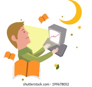 The view of man with computer 