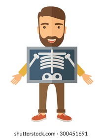 The view of man is holding a X-ray picture. A Contemporary style. Vector flat design illustration isolated white background. Vertical layout