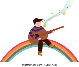 The view of man is playing a guitar on the rainbow 