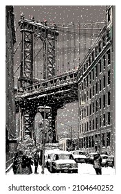 View of Manhattan Bridge from Brooklyn under snow - vector illustration (Ideal for printing on fabric or paper, poster or wallpaper, house decoration) 