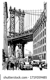 View of Manhattan Bridge from brooklyn - vector illustration (Ideal for printing on fabric or paper, poster or wallpaper, house decoration) 