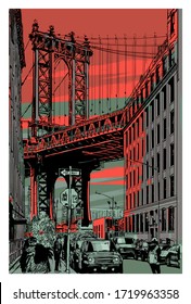 Vista del Puente de Manhattan desde Brooklyn - ilustración vectorial (Ideal para imprimir en tela o papel, afiche o papel tapiz, decoración de la casa) 