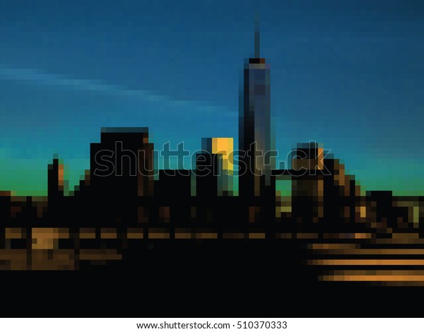 View of\
Manhattan at sunset. New York City. Pixel\
art