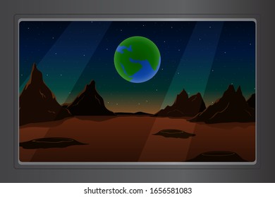 Blick auf den Mars von der Porthole des Raumschiffs. Vektorillustration.