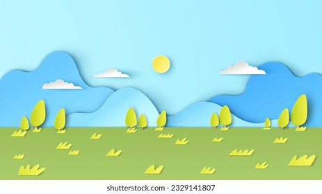 View of meadows and mountains on a beautiful clear sky. paper cut and craft style. vector, illustration.
