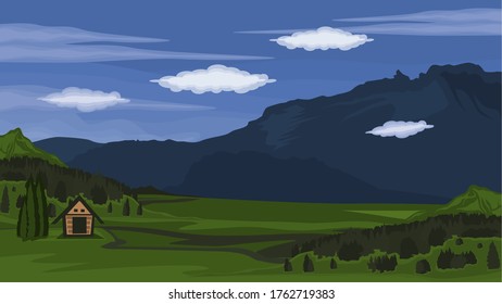 View of meadows and pine forests and small houses in the mountains against a background of blue sky and white clouds - Vector