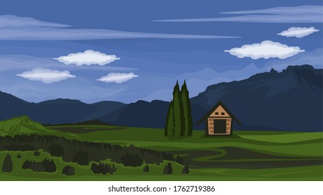 View of meadows and pine forests and small houses in the mountains against a background of blue sky and white clouds - Vector