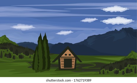 View of meadows and pine forests and small houses in the mountains against a background of blue sky and white clouds - Vector