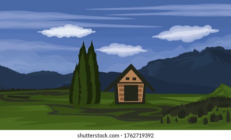 View of meadows and pine forests and small houses in the mountains against a background of blue sky and white clouds - Vector