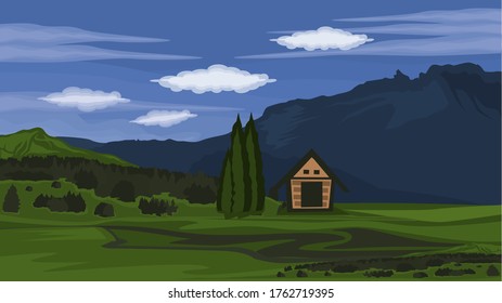 View of meadows and pine forests and small houses in the mountains against a background of blue sky and white clouds - Vector