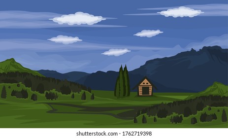 View of meadows and pine forests and small houses in the mountains against a background of blue sky and white clouds - Vector