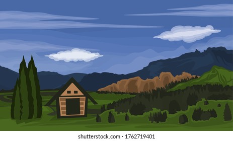 View of meadows and pine forests and small houses in the mountains against a background of blue sky and white clouds - Vector