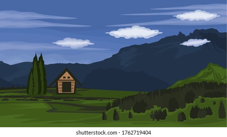 View of meadows and pine forests and small houses in the mountains against a background of blue sky and white clouds - Vector