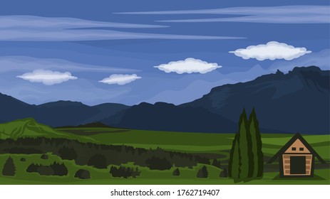 View of meadows and pine forests and small houses in the mountains against a background of blue sky and white clouds - Vector