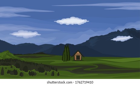 View of meadows and pine forests and small houses in the mountains against a background of blue sky and white clouds - Vector