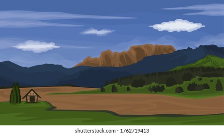 View of meadows and pine forests and small houses in the mountains against a background of blue sky and white clouds - Vector