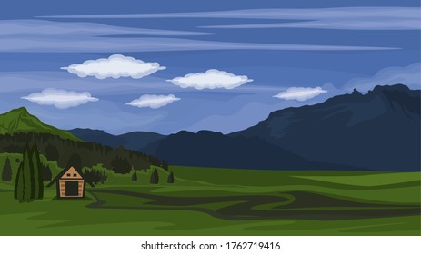 View of meadows and pine forests and small houses in the mountains against a background of blue sky and white clouds - Vector