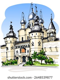 Vista das paredes medievais de Rostov Kremlin - Esboço desenhado à mão. Conceito Moderno de Turismo. Ilustração artesanal, não-AI