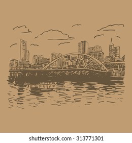 View of Melbourne, Australia. Southgate Footbridge across the river Yarra. Vector freehand pencil sketch.