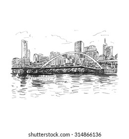 View of Melbourne, Australia. Southgate Footbridge across the river Yarra. Vector freehand pencil sketch.